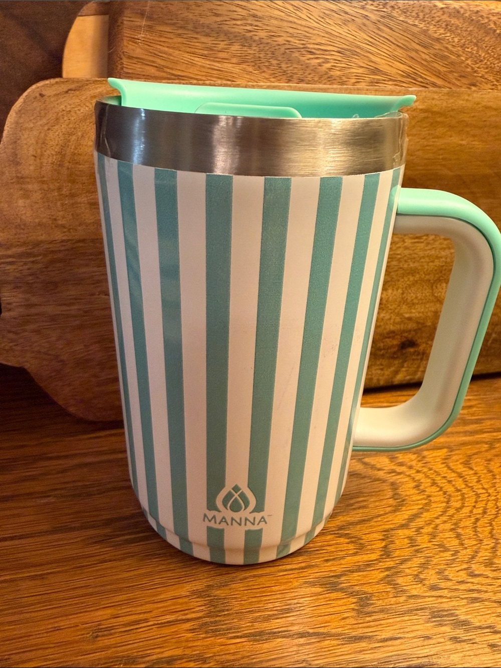 Manna Mint and White Striped Travel Mug with Handle